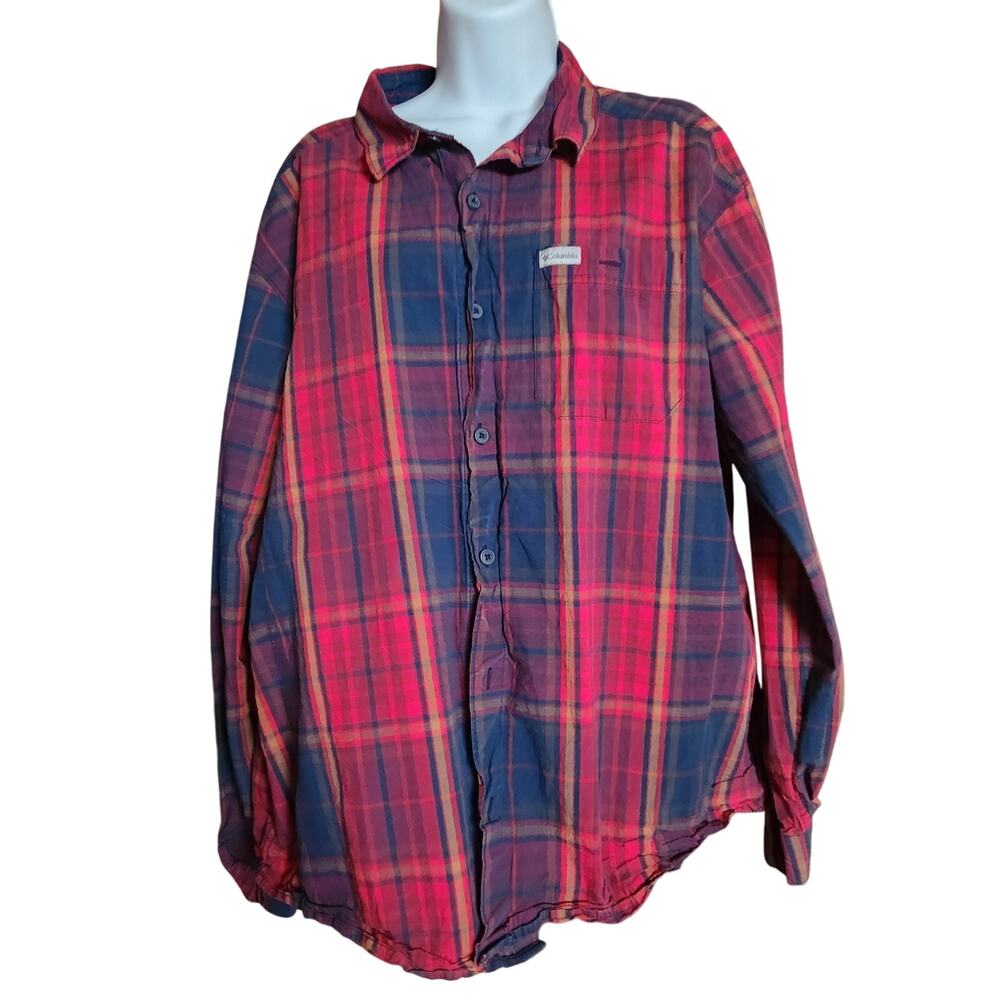 EUC Columbia Red And Navy Plaid Button Up Shirt Sz XL‎ Regular Fit Long Sleeved